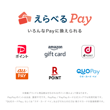 えらべるPay いろんなPayに換えられる　Payポイント・amazon gift card・d POINT・au PAY・Rakuten POINT・QUO Pay